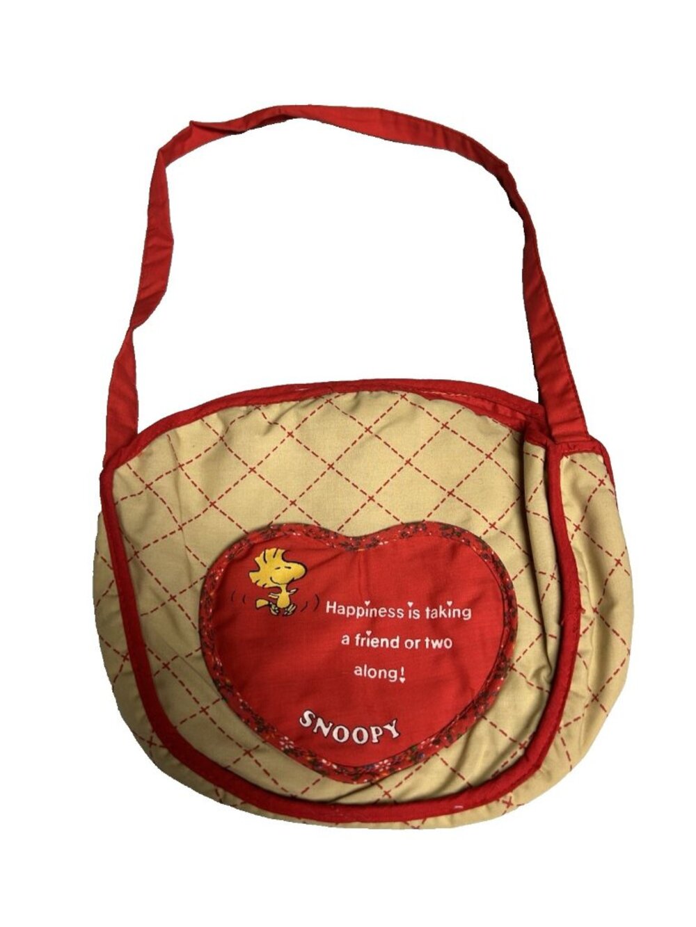 Vintage Snoopy Woodstock Purse Tan Red Heart Patch Happiness Knickerbocker